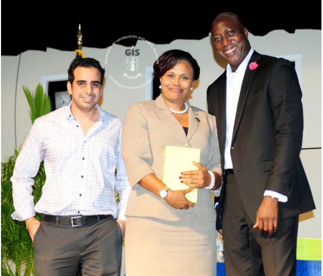 Representative from Klass Electronics, Principal of the Year – Primary Mrs. Orlandette Crabbe (Joyce Samuel Primary School) and Honourable Myron Walwyn, Minister for Education and Culture