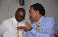 Minister with responsibility for agriculture, Dr Kedrick Pickering gestures to his Permanent Secretary, Ronald Smith-Berkeley. (Photo Credit: BVI News)