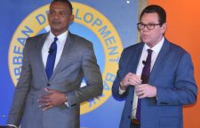 Director of Projects at CDB Daniel Best (left) and CDB president Dr William Warren Smith at the bankd headquarters in Barbados on Thursday. (Photo by BVI News)