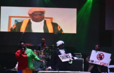 Lady Liberty and her supporting actors on stage during this year's Calypso Competition at the Road Town festival grounds.