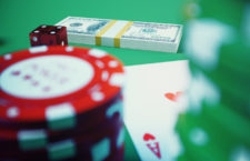 3D illustration casino game. Chips, playing cards for poker. Poker chips, red dice and money on green table. Online casino concept.