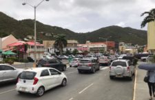 Vehicles queued along Waterfront Drive in Road Town on Monday afternoon, July 13. (BVI News photo)