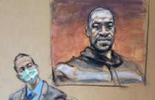 A sketch showing Chauvin in front of a picture of George Floyd during the historic trial. (By Reuters)