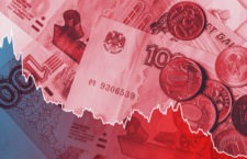 Background with chart of falling Russian ruble price affected by economic sanctions