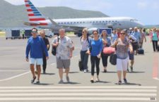 Travellers who were passengers on the inaugural American Airlines direct flight from the US to the BVI on Thursday, June 1. (BVI News photo)